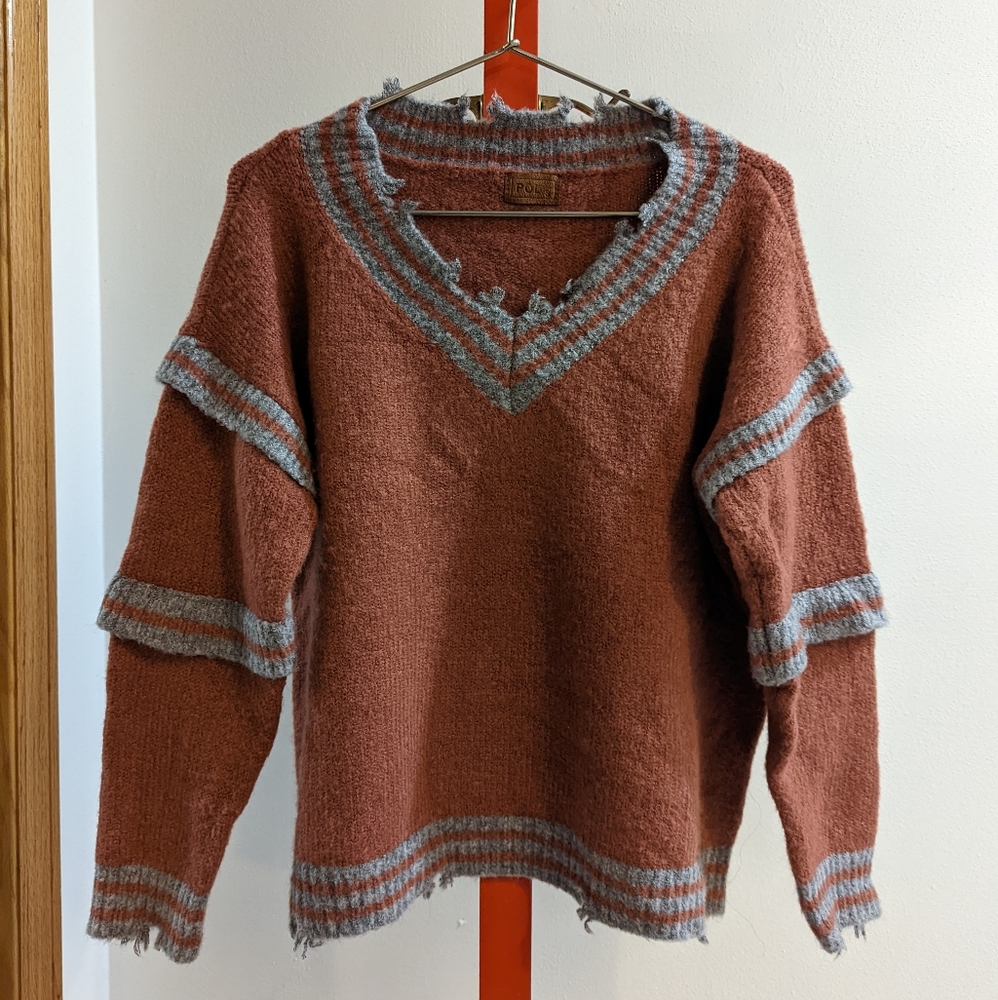 Pol Orange Gray Distressed V-Neck Sweater Layered Sleeves